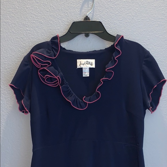 navy and pink ruffle form fitted dress - Picture 3 of 4